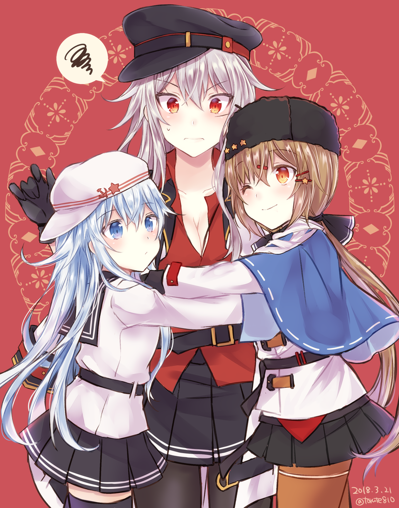 3girls belt black_gloves black_legwear black_skirt blue_eyes blue_shawl blush breasts brown_hair brown_legwear cleavage closed_mouth eyebrows_visible_through_hair flat_cap gangut_(kantai_collection) gloves grey_hair hair_between_eyes hair_ornament hairclip hammer_and_sickle hat hibiki_(kantai_collection) hug jacket kabocha_torute kantai_collection long_hair long_sleeves looking_at_another looking_at_viewer low_twintails medium_breasts military military_hat military_jacket military_uniform miniskirt multiple_girls naval_uniform one_eye_closed pantyhose peaked_cap red_background red_eyes red_shirt sailor_collar scar scarf school_uniform serafuku shawl shirt silver_hair skirt smile spoken_squiggle squiggle star tashkent_(kantai_collection) thigh-highs twintails uniform verniy_(kantai_collection) white_jacket white_scarf white_shirt