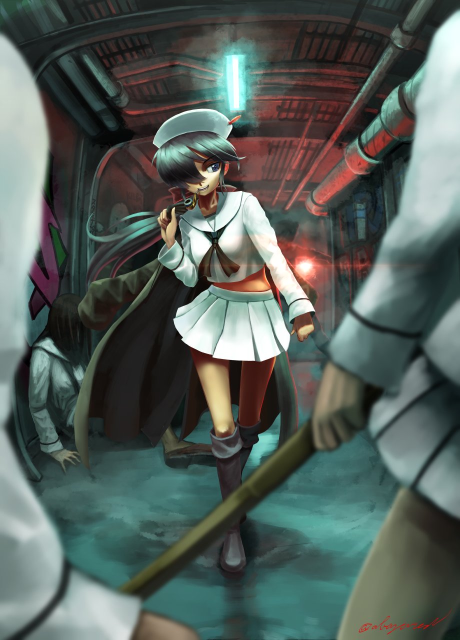 1girl abazu-red artist_name bangs black_footwear black_hair black_neckwear blouse blue_eyes blurry blurry_foreground boots bow carrying_over_shoulder commentary_request depth_of_field dixie_cup_hat eyebrows_visible_through_hair fallen_down full_body girls_und_panzer graffiti grin hair_bow hat hat_feather highres holding holding_jacket holding_weapon indoors jacket light long_hair long_sleeves looking_at_another military_hat miniskirt mouth_hold neckerchief ogin_(girls_und_panzer) ooarai_naval_school_uniform pleated_skirt red_bow sailor sailor_collar school_uniform ship_interior signature skirt smile smoke solo_focus standing steam sword weapon white_blouse white_hat white_skirt wooden_sword