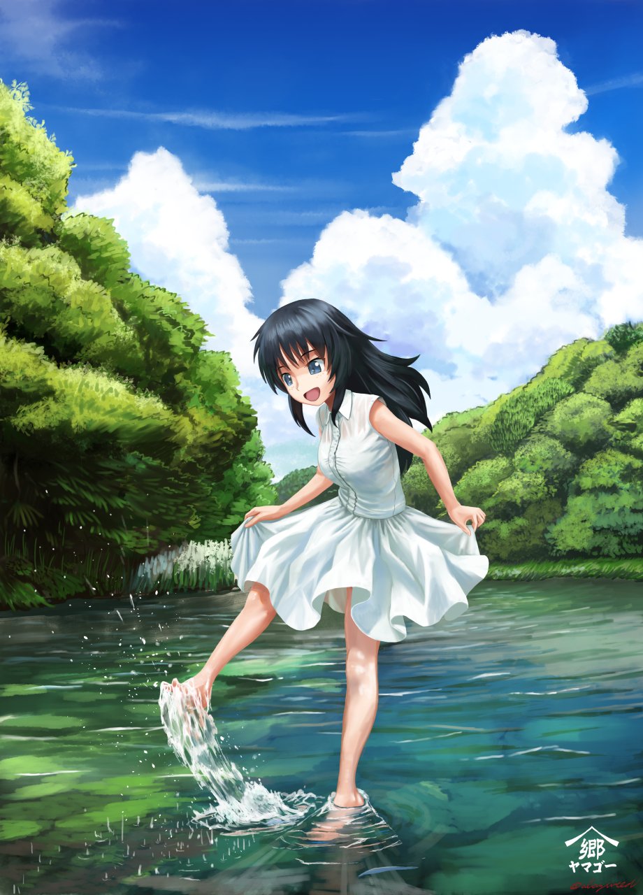 1girl :d abazu-red artist_name barefoot blue_eyes blue_hair character_name clouds cloudy_sky commentary_request day dress girls_und_panzer highres kicking leaning_forward open_mouth outdoors pond signature skirt_hold sky sleeveless sleeveless_dress smile solo splashing standing standing_on_one_leg tree wading yamagou_ayumi