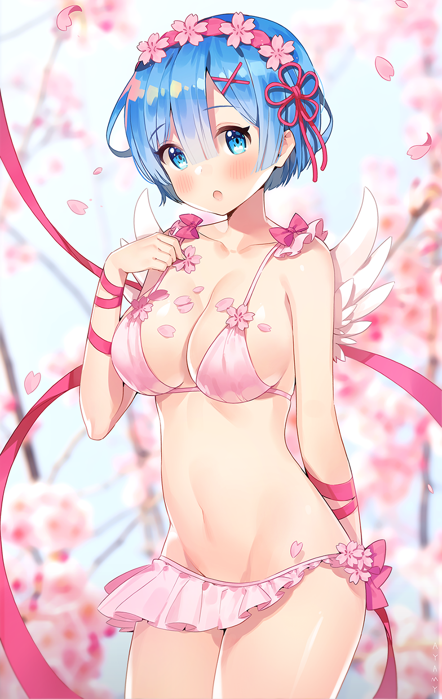 1girl :o angel_wings arm_behind_back ayami bare_arms barefoot bikini blue_eyes blue_hair blurry blurry_background blush breasts cleavage closed_eyes collar collarbone commentary_request cowboy_shot day depth_of_field eyebrows_visible_through_hair feathered_wings flower hair_flower hair_ornament hair_ribbon hairclip highres large_breasts looking_at_viewer navel open_mouth outdoors petals pink_bikini pink_ribbon re:zero_kara_hajimeru_isekai_seikatsu red_ribbon rem_(re:zero) ribbon short_hair solo spring_(season) standing swimsuit tareme thighs white_wings wings wrist_ribbon x_hair_ornament