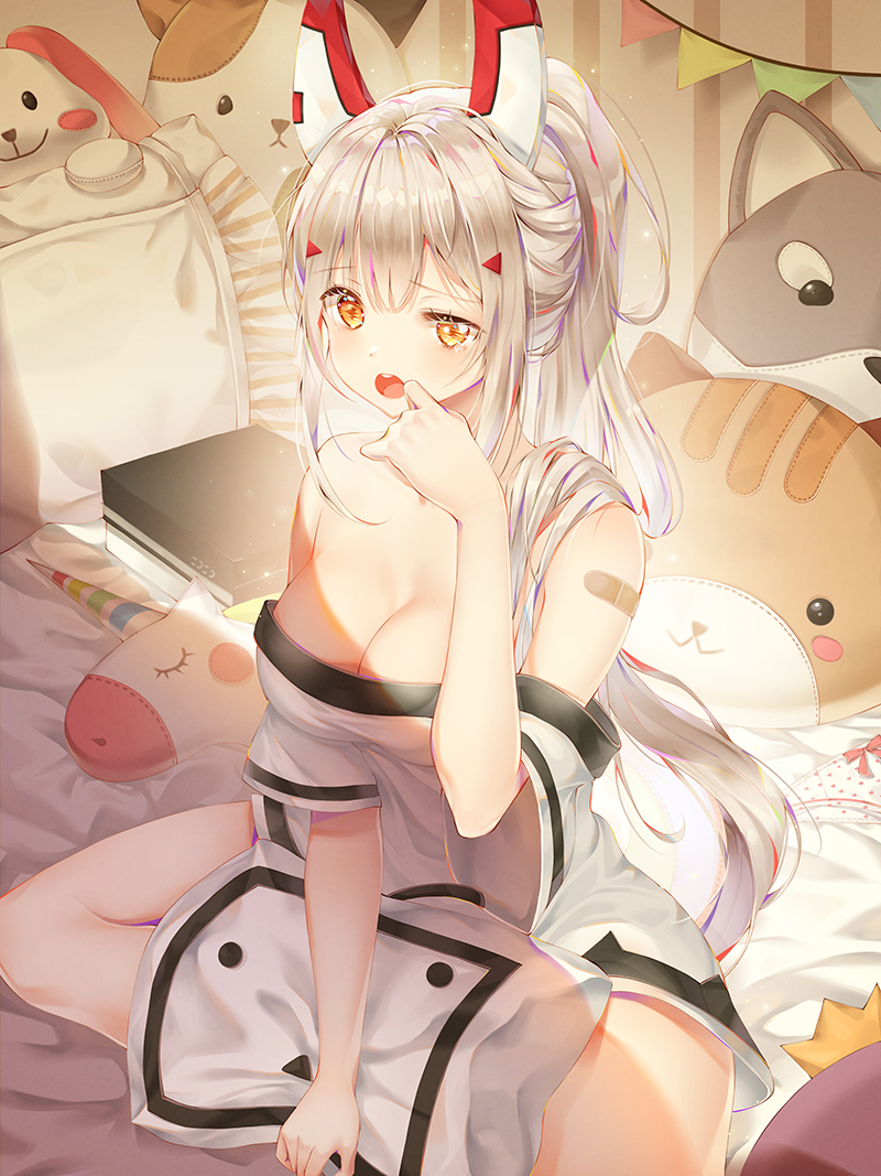 1girl :&lt; animal_pillow ayanami_(azur_lane) azur_lane bandaid bandaid_on_shoulder bangs bare_shoulders bed bedroom blue_hair blush blush_stickers box breasts cat_pillow cleavage dog_pillow eyebrows_visible_through_hair hair_between_eyes hair_over_shoulder half-closed_eye hand_up headgear holding holding_pillow indoors large_breasts light_particles long_hair looking_at_viewer mellozzo multicolored_hair niconico off_shoulder on_bed open_mouth orange_eyes panties panties_removed pillow polka_dot polka_dot_panties ponytail redhead ribbon_panties shade shiny shiny_hair shirt short_sleeves sidelocks silver_hair sitting solo streaked_hair tears underwear unicorn_pillow very_long_hair waking_up white_panties white_shirt yawning