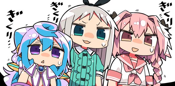 3boys :3 androgynous astolfo_(fate) bangs black_bow blend_s blue_hair bow commentary_request fate/apocrypha fate_(series) green_eyes green_shirt hacka_doll hacka_doll_3 hair_bow hair_intakes kanikama kanzaki_hideri long_hair multicolored_hair multiple_boys neckerchief nervous_smile parted_lips pink_eyes pink_hair pink_neckwear pink_sailor_collar puffy_short_sleeves puffy_sleeves sailor_collar school_uniform serafuku shaded_face shirt short_sleeves silver_hair simple_background stile_uniform translation_request trap triangle_mouth violet_eyes white_background