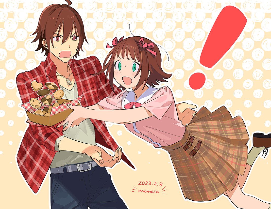 ! 1boy 1girl ahoge amagase_touma amami_haruka bangs blue_pants bow bowtie brown_eyes brown_footwear brown_skirt catching checkered_clothes checkered_shirt checkered_skirt collar commentary constricted_pupils cookie dated denim fingernails food green_eyes hair_between_eyes hair_ribbon hand_up idolmaster idolmaster_(classic) idolmaster_side-m jeans light_blush light_brown_background long_sleeves looking_ahead looking_at_another momose_(oqo) open_mouth pants pink_bow pink_bowtie pink_shirt red_ribbon red_shirt ribbon shirt shoes short_hair short_sleeves sidelocks signature skirt socks tripping v-shaped_eyebrows white_collar white_shirt