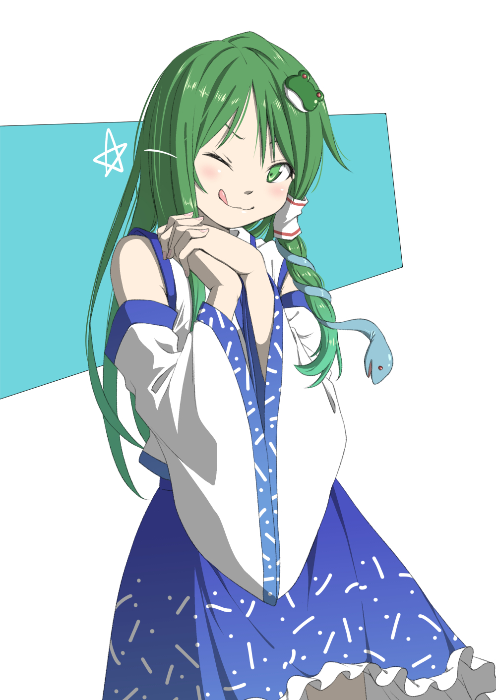 1girl ;3 blue_skirt closed_mouth commentary cowboy_shot detached_sleeves fingernails frilled_skirt frills frog_hair_ornament green_eyes green_hair hair_ornament hair_tubes hands_up highres inuno_rakugaki kochiya_sanae long_hair looking_at_viewer own_hands_together petticoat shirt skirt snake_hair_ornament solo standing star tongue tongue_out tongue_up touhou v-shaped_eyebrows white_shirt wide_sleeves