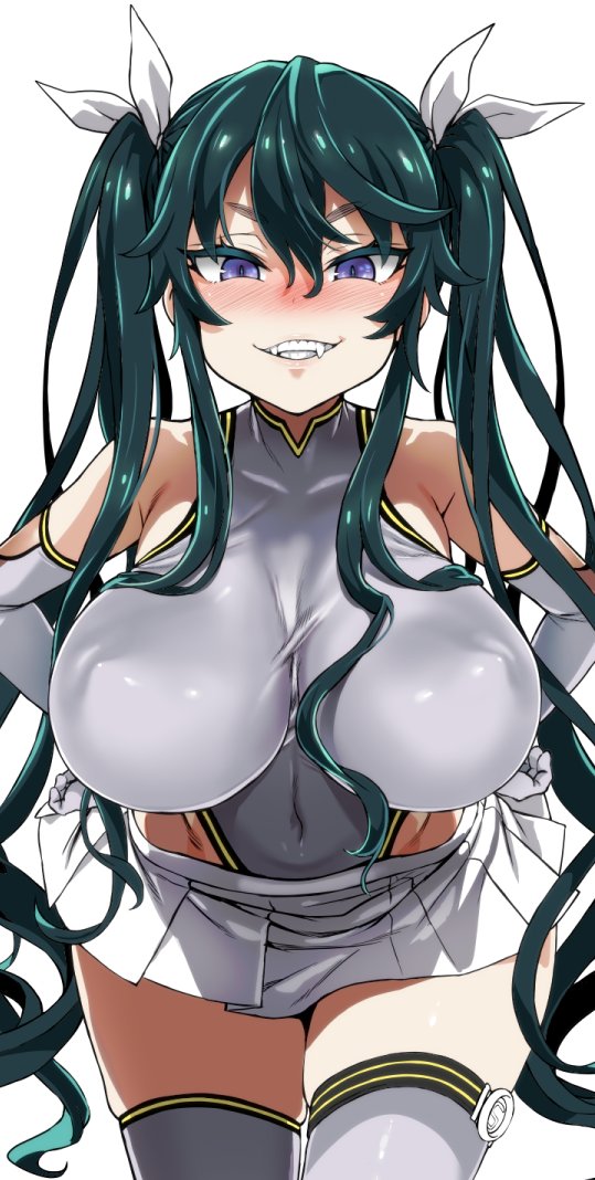 1girl asanagi bare_shoulders blush breasts covered_navel elbow_gloves erect_nipples fangs gloves green_hair grin hands_on_hips large_breasts leotard long_hair looking_at_viewer original pleated_skirt simple_background skirt sleeveless slit_pupils smile solo teeth thigh-highs twintails very_long_hair violet_eyes white_background white_gloves