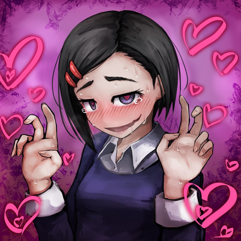 1girl :d bangs black_hair blush collared_shirt commentary_request double_v fingernails hair_ornament hairclip hands_up heart heart-shaped_pupils looking_at_viewer nail_polish nose_blush open_mouth original pink_ba pink_background pink_shirt purple_sweater ray-k shirt short_hair smile solo sweat sweater sweating_profusely swept_bangs symbol-shaped_pupils tears torogao v violet_eyes white_shirt wing_collar