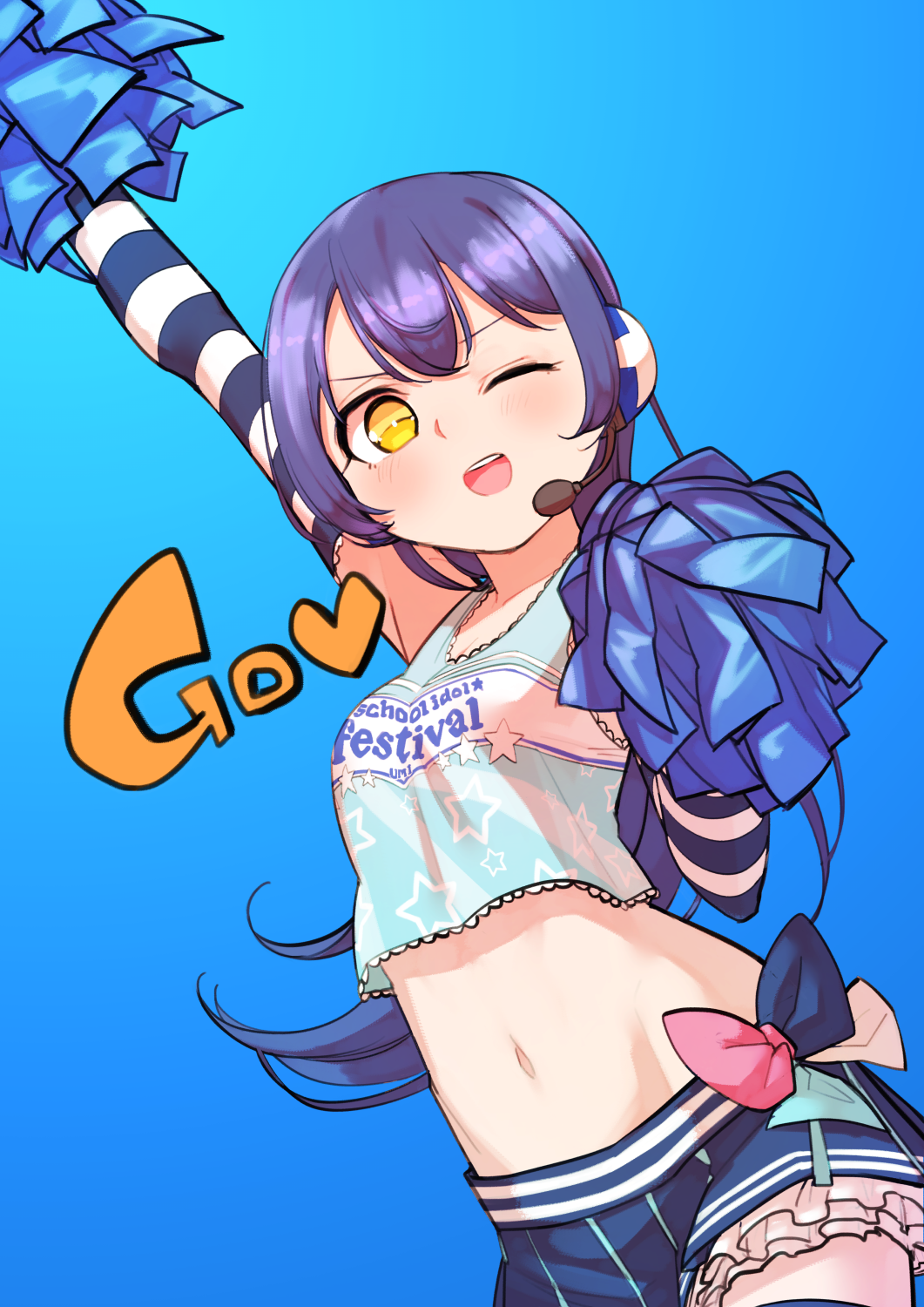 1girl arm_up bangs bare_shoulders blue_background blue_hair blush cheerleader commentary_request cowboy_shot elbow_gloves gloves goe_(g-o-e) hair_between_eyes headphones headset heart highres holding long_hair looking_at_viewer love_live! love_live!_school_idol_project midriff navel one_eye_closed open_mouth pom_poms simple_background skirt smile solo sonoda_umi striped striped_gloves takaramonozu thigh-highs yellow_eyes