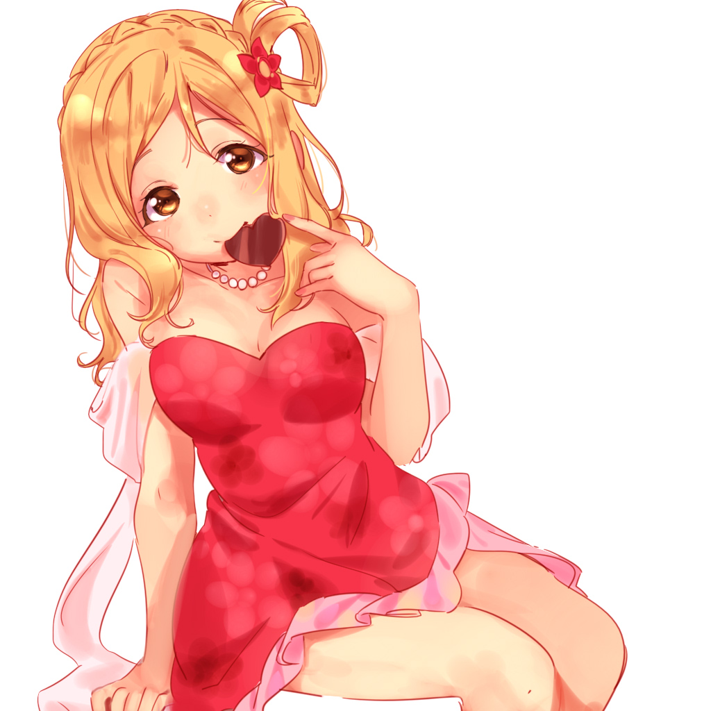 1girl blonde_hair braid chocolate chocolate_heart commentary_request crown_braid dress flower hair_flower hair_ornament hair_rings head_on_shoulder heart jewelry long_hair looking_at_viewer love_live! love_live!_sunshine!! mouth_hold necklace ohara_mari pearl_necklace red_dress sash simple_background sitting solo strapless strapless_dress valentine white_background yellow_eyes yumesaki_nana
