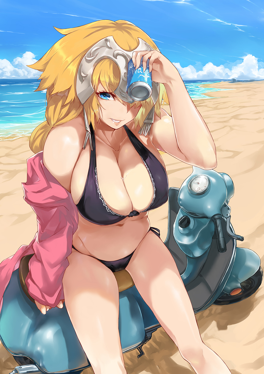 1girl alternate_costume beach bikini black_bikini blonde_hair blue_eyes braid breasts can ceda_(dace) clouds day fate/grand_order fate_(series) ground_vehicle headpiece highres holding holding_can jacket jeanne_d'arc_(fate) jeanne_d'arc_(fate)_(all) large_breasts long_braid long_hair long_sleeves looking_at_viewer motor_vehicle motorcycle ocean outdoors pink_jacket side-tie_bikini single_braid sitting sky smile solo swimsuit very_long_hair