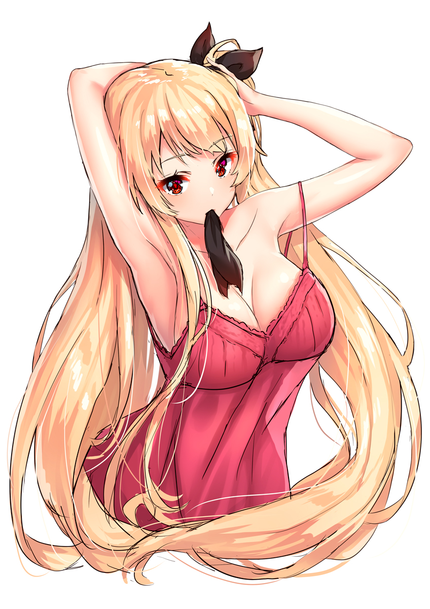 1girl alternate_costume armpits arms_up azur_lane bangs bare_shoulders black_ribbon blonde_hair blush breasts camisole cleavage collarbone eyebrows_visible_through_hair hair_ribbon hairdressing highres large_breasts long_hair looking_at_viewer mouth_hold nelson_(azur_lane) pensuke red_eyes ribbon shiny shiny_hair sidelocks simple_background solo strap_slip upper_body very_long_hair white_background
