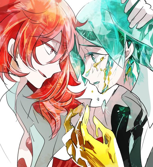 androgynous colored_eyelashes crack crying crying_with_eyes_open face-to-face forehead-to-forehead gem_uniform_(houseki_no_kuni) golden_arms green_eyes green_hair hand_on_another's_head houseki_no_kuni long_hair looking_at_another necktie open_clothes open_shirt padparadscha_(houseki_no_kuni) phosphophyllite red_eyes redhead short_hair shumiko_(kamenokoueki) tears