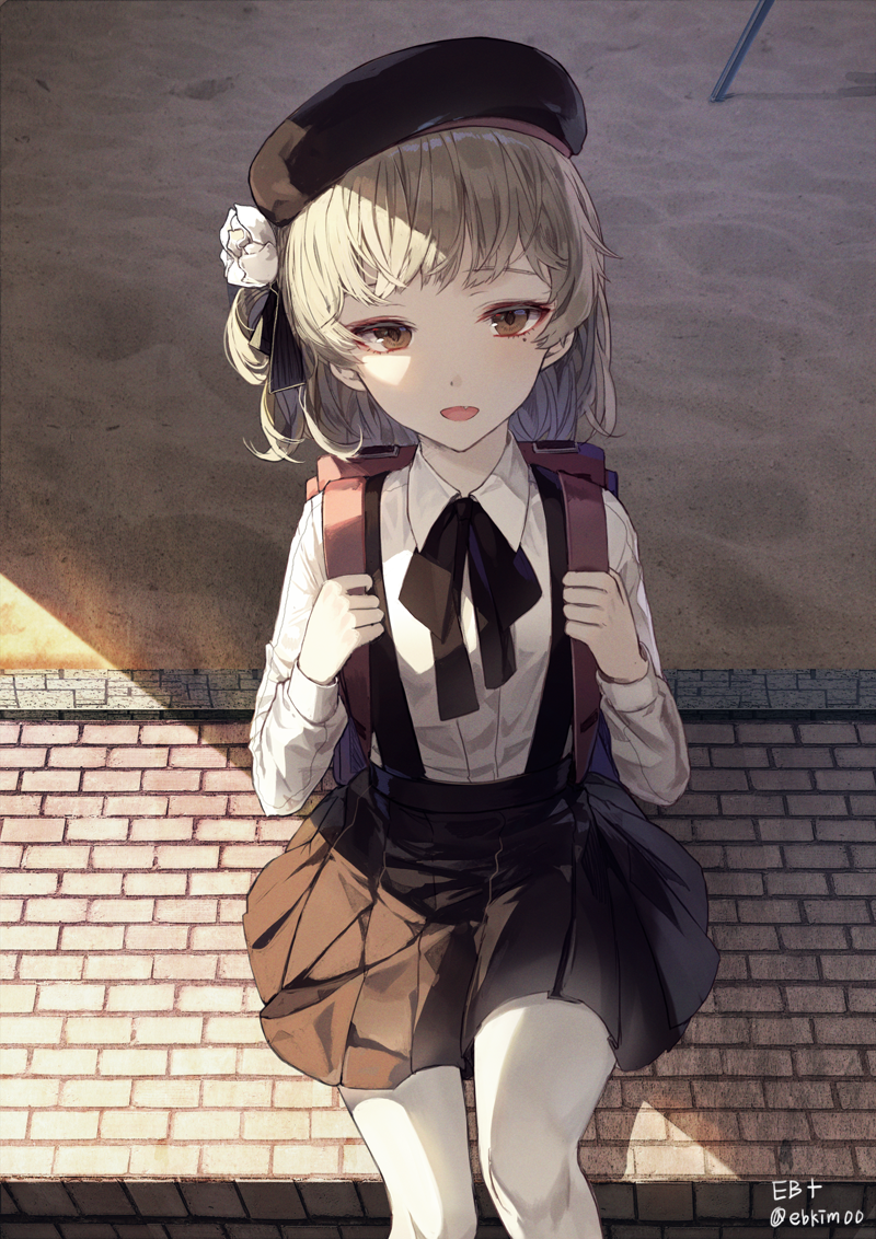 1girl artist_name backpack bag bangs beret black_neckwear black_ribbon black_skirt blonde_hair brown_eyes day fang flower hair_flower hair_ornament hair_ribbon hat hatoba_tsugu hatoba_tsugu_(character) kim_eb long_sleeves looking_at_viewer mole mole_under_eye open_mouth outdoors pantyhose pavement pleated_skirt randoseru ribbon rose sand school_uniform shadow shirt short_hair sitting skirt solo sunlight suspender_skirt suspenders twitter_username virtual_youtuber white_flower white_legwear white_rose white_shirt wing_collar