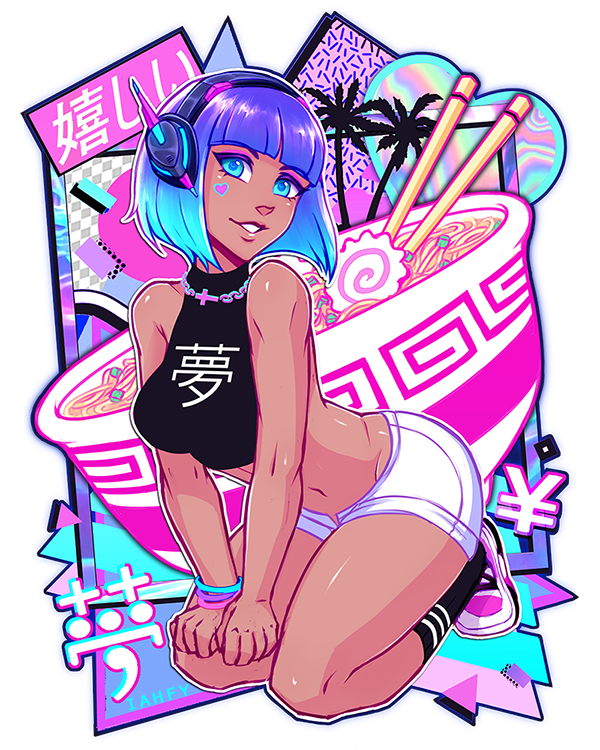 1girl bangs blue_eyes blue_hair blunt_bangs bob_cut bracelet breasts dark_skin eyebrows_visible_through_hair facial_tattoo food gradient_hair halter_top halterneck hands_on_own_knees headphones heart_tattoo iahfy jewelry kneeling looking_at_viewer mascot medium_breasts multicolored_hair navel neon noodles original promotional_art purple_hair ramen raver shoes short_hair short_shorts shorts sneakers socks solo tattoo