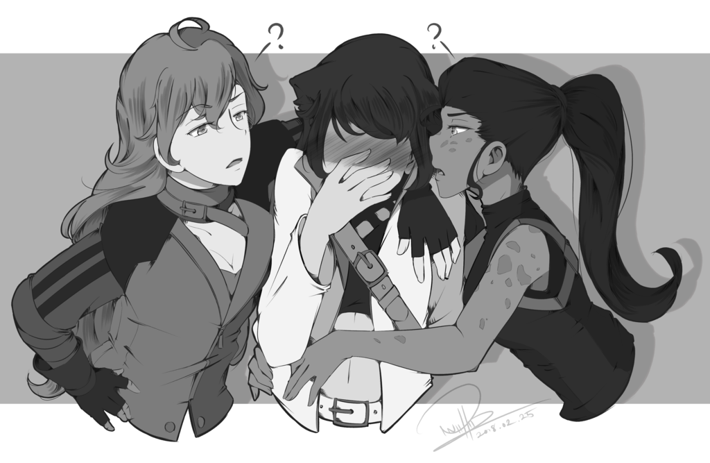 3girls ? arm_around_shoulder blake_belladonna blush breasts cleavage dark_skin dated full-face_blush greyscale hand_on_hip ilia_amitola jacket long_hair long_sleeves looking_at_another medium_breasts midriff monochrome multiple_girls navel open_clothes open_jacket open_mouth ponytail rivalry rwby signature sleeveless spots upper_body yang_xiao_long yuri