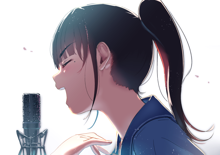 1girl :d bangs blue_jacket blunt_bangs brown_hair closed_eyes commentary_request eyebrows_visible_through_hair jacket microphone mole mole_under_eye open_mouth original ponytail satsuki_neko simple_background smile solo white_background