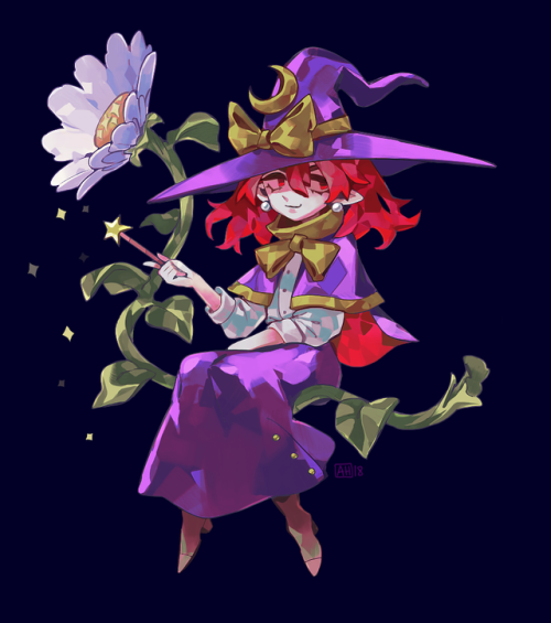 1girl arlmuffin boots bow capelet closed_mouth crescent earrings flower full_body hat jewelry kirisame_marisa kirisame_marisa_(pc-98) long_sleeves pointy_ears purple_skirt red_eyes redhead shirt short_hair simple_background skirt smile solo touhou touhou_(pc-98) white_shirt witch witch_hat