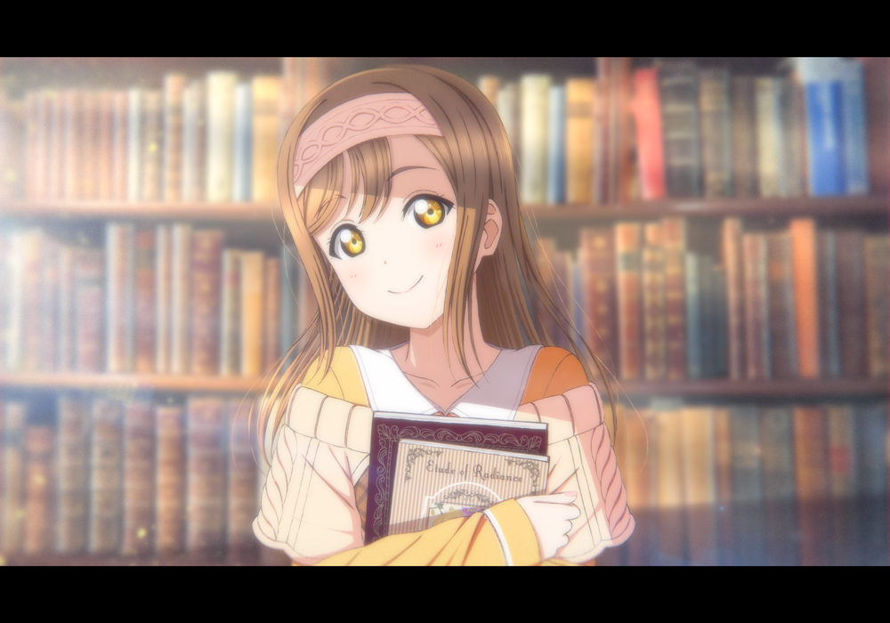 1girl bangs blurry blurry_background book bookshelf brown_hair depth_of_field hairband holding holding_book holding_to_chest kazuma_(theworld000021) kunikida_hanamaru letterboxed library long_hair long_sleeves looking_at_viewer love_live! love_live!_sunshine!! short_over_long_sleeves solo sweater upper_body yellow_eyes