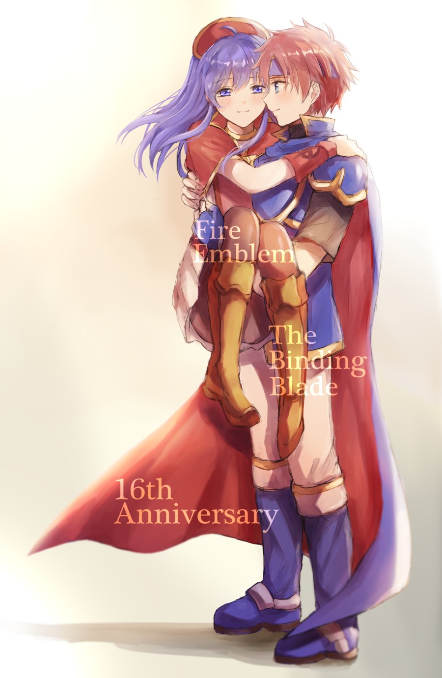 1boy 1girl armor blue_eyes blue_hair blush cape carrying couple dress fire_emblem fire_emblem:_fuuin_no_tsurugi gloves hat hetero highres intelligent_systems lilina long_hair love nintendo princess_carry redhead roy_(fire_emblem) short_hair simple_background smile white_background wspread