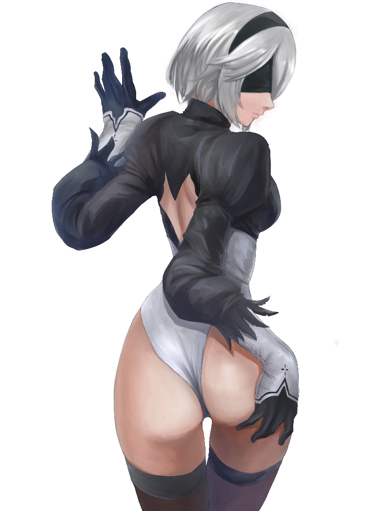 1girl android ass back_cutout blindfold feather-trimmed_sleeves from_behind gloves hand_on_own_ass juliet_sleeves leotard long_sleeves looking_back medium_sleeves nier_(series) nier_automata porschetiger puffy_sleeves short_hair silver_hair simple_background thigh-highs white_background white_leotard yorha_no._2_type_b