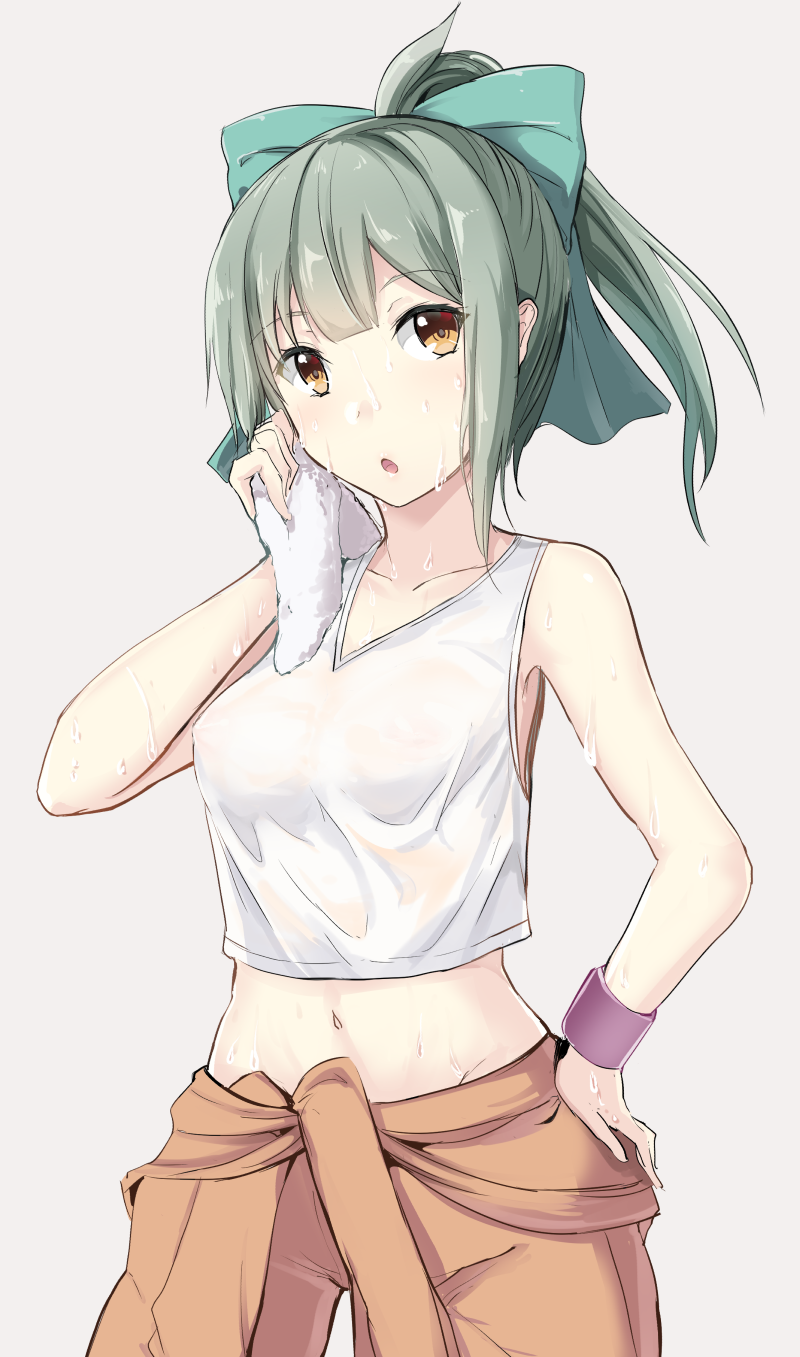 1girl :o aqua_bow bangs blunt_bangs blush bow breasts brown_eyes clothes_around_waist collarbone cowboy_shot drying eyebrows_visible_through_hair gin'ichi_(akacia) green_hair grey_background hair_bow hand_on_hip highres kantai_collection looking_at_viewer medium_breasts navel open_mouth orange_pants ponytail see-through short_hair simple_background sleeveless solo standing stomach sweatband towel wet wet_clothes white_tank_top yuubari_(kantai_collection)