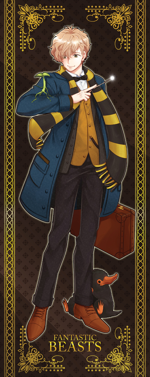 1boy bow bowtie bowtruckle brown_hair copyright_name fantastic_beasts_and_where_to_find_them green_eyes highres leaf male_focus newt_scamander niffler scarf skymomo_d solo wand