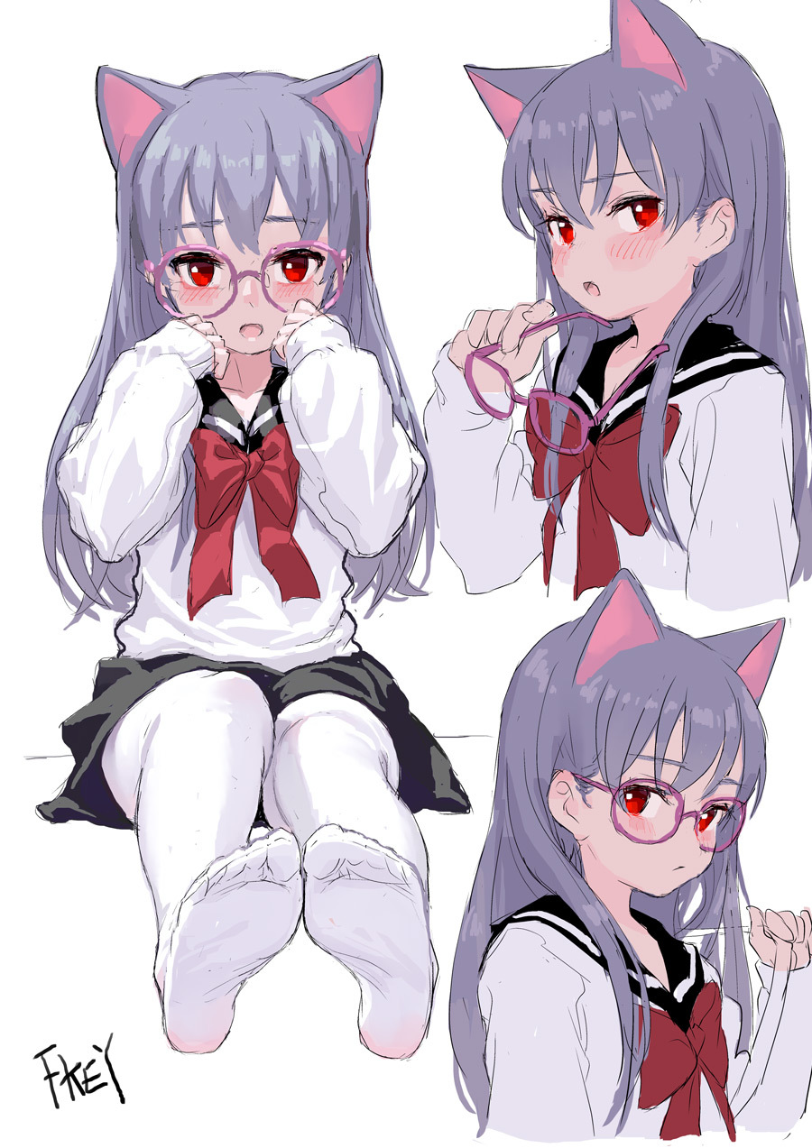 1girl :o animal_ears artist_name bespectacled black_skirt blush bow cat_ears collarbone commentary_request eyebrows_visible_through_hair feet fkey full_body glasses hands_up highres holding_eyewear long_hair long_sleeves looking_at_viewer miniskirt multiple_views no_shoes open_mouth original pink-framed_eyewear red_bow red_eyes red_neckwear round_eyewear sailor_collar school_uniform serafuku silver_hair simple_background sitting skirt upper_body white_background white_legwear white_serafuku