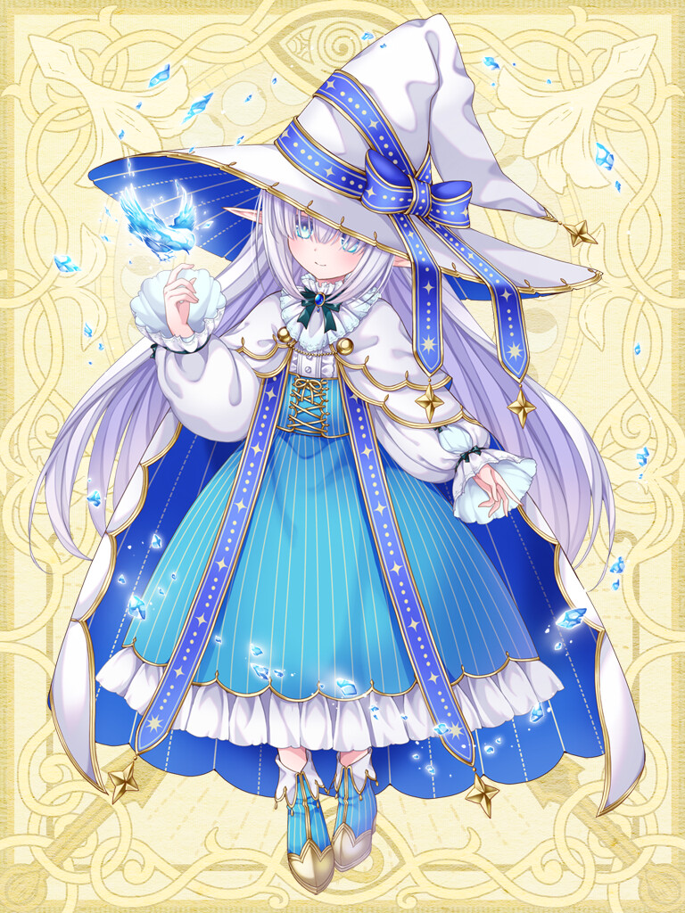 bird blue_bird blue_dress blue_eyes blue_footwear blue_ribbon bow brooch chain_paradox dress eyes_visible_through_hair full_body hand_up hat hat_ribbon jewelry long_hair long_sleeves morino_miyako pointy_ears puffy_long_sleeves puffy_sleeves ribbon very_long_hair white_dress white_hair white_headwear wizard_hat yellow_background