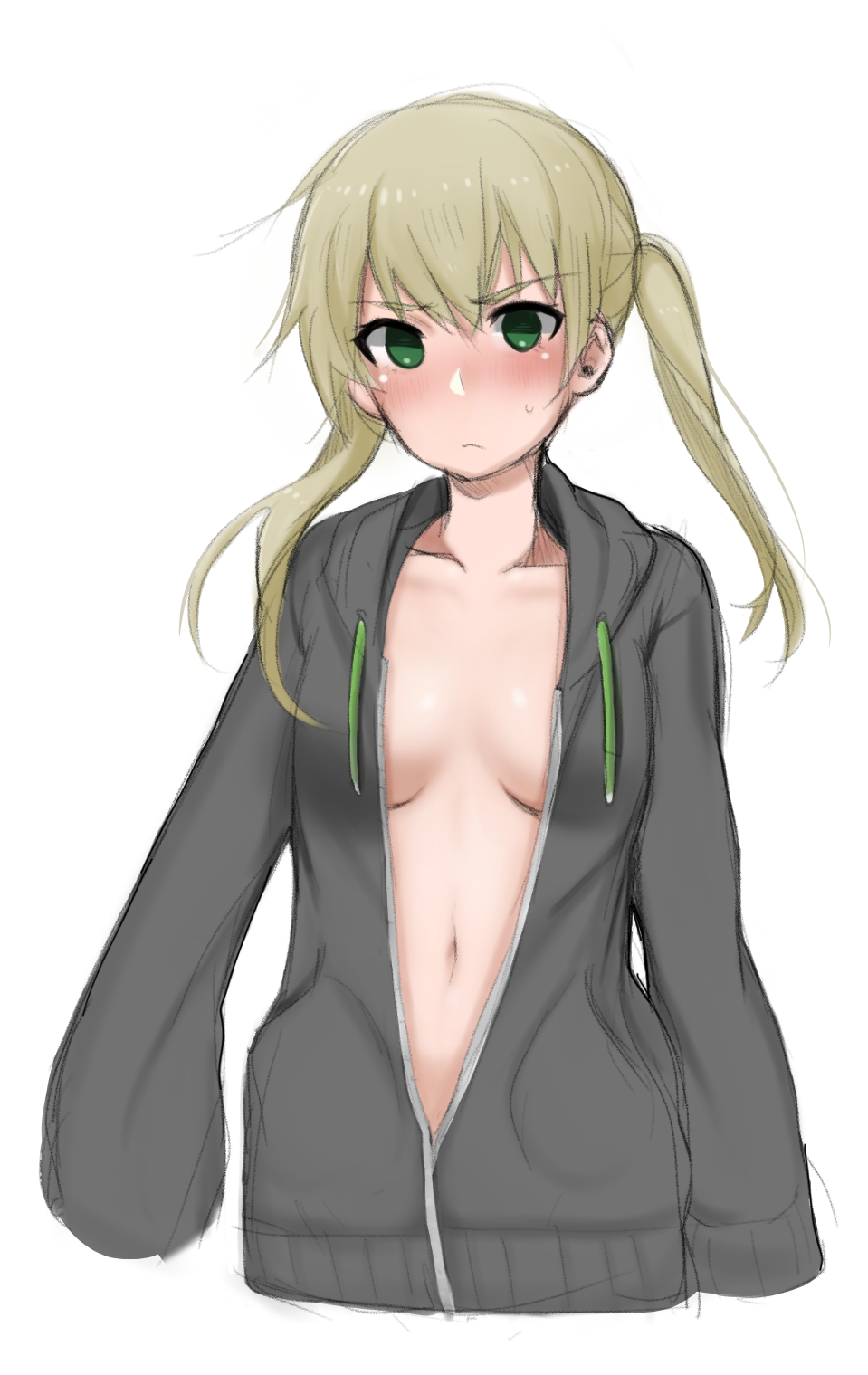 1girl bangs black_jacket blonde_hair blush breasts closed_mouth coat embarrassed eyebrows_visible_through_hair green_eyes highres jacket long_sleeves looking_at_viewer maka_albarn medium_breasts naked_coat navel open_clothes open_coat otxoa60 sketch sleeves_past_wrists solo soul_eater sweatdrop twintails upper_body