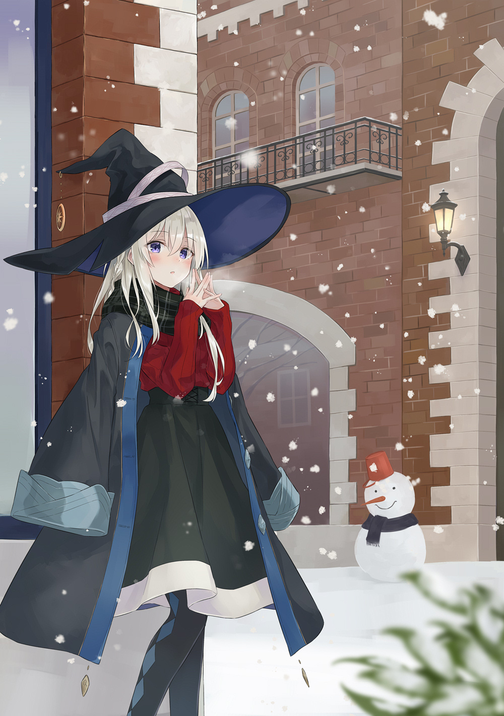 1girl azuuru black_hat black_legwear black_skirt blue_eyes blush breath brick_wall building cover cover_page elaina_(majo_no_tabitabi) eyebrows_visible_through_hair fingers_together front_cover hair_between_eyes hat hat_ribbon highres lamppost long_hair long_sleeves majo_no_tabitabi novel_cover official_art plaid plaid_scarf red_sweater ribbon scarf silver_hair skirt snowing snowman solo standing sweater witch_hat