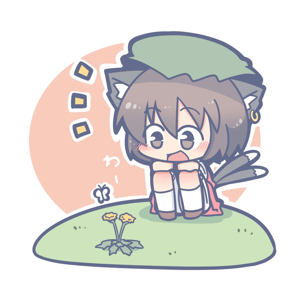 1girl animal_ears bent_knees bloomers blush brown_eyes brown_footwear brown_hair butterfly cat_ears cat_tail chen chibi circle commentary dandelion earrings eyebrows_visible_through_hair flower full_body grass green_hat hat insect jewelry knees_up long_sleeves mob_cap multiple_tails ooyama_bokuchi open_mouth red_background red_skirt shirt short_hair sitting skirt skirt_set socks solo tail touhou two-tone_background two_tails underwear white_background white_legwear white_shirt