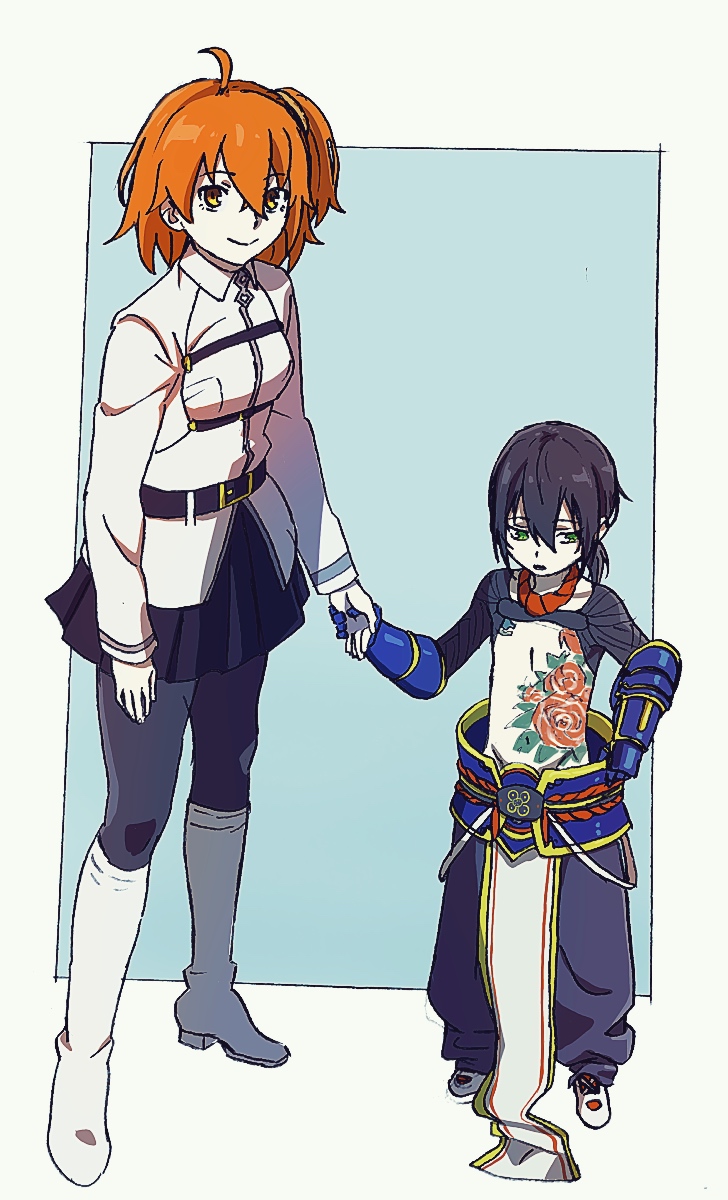 1boy 1girl ahoge black_hair black_legwear black_skirt blue_background boots chaldea_uniform closed_mouth commentary_request eyebrows_visible_through_hair fate/grand_order fate_(series) fujimaru_ritsuka_(female) full_body_tattoo gauntlets green_eyes hair_ornament hair_scrunchie hand_holding highres jacket knee_boots long_sleeves looking_at_viewer mi_(pic52pic) one_side_up orange_hair pants pantyhose parted_lips pelvic_curtain ponytail sash scrunchie shoes short_hair simple_background skirt smile standing tattoo white_footwear white_jacket yan_qing_(fate/grand_order) yellow_eyes younger