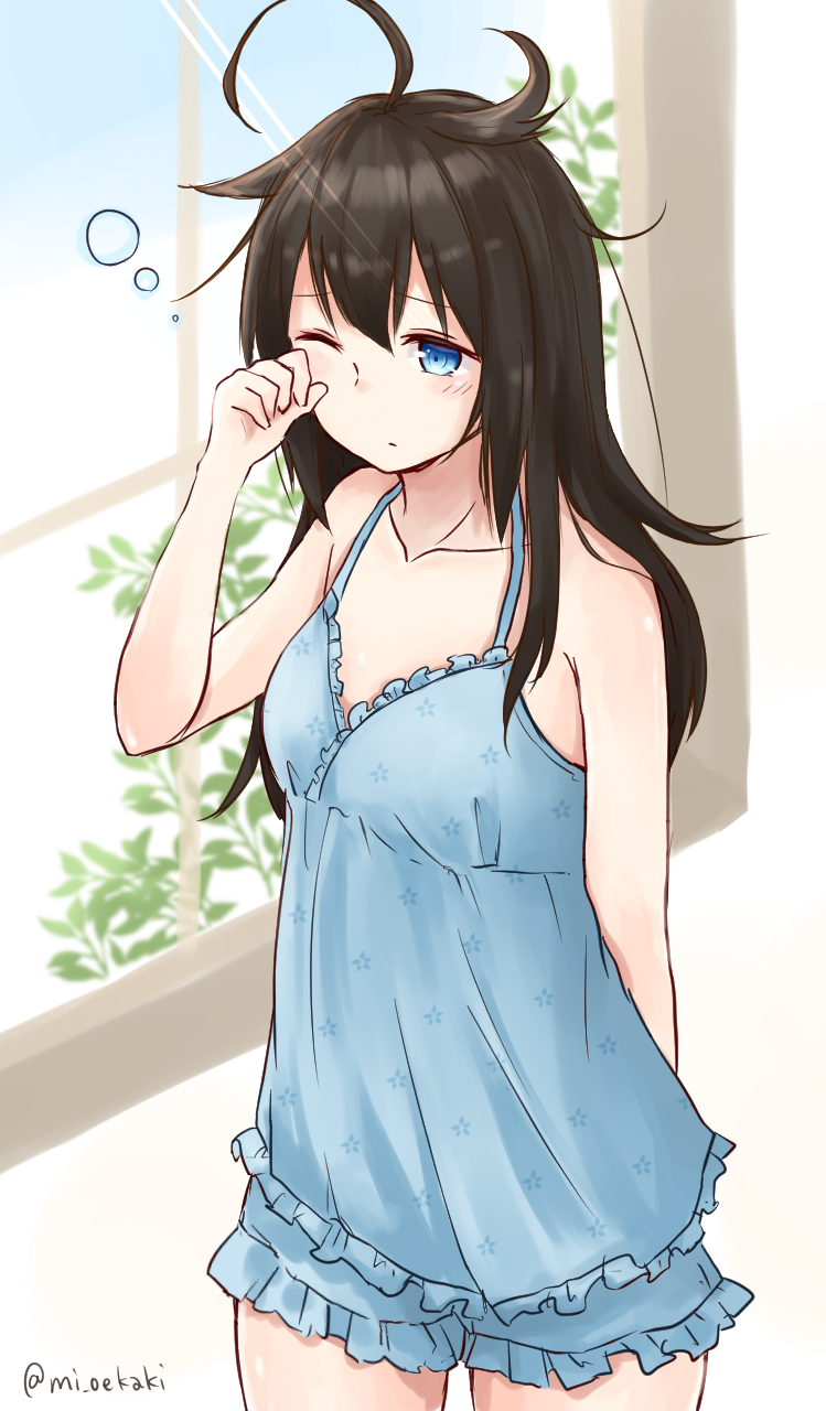 1girl ahoge alternate_costume bare_shoulders black_hair blue_eyes collarbone from_above hair_down hair_flaps highres kantai_collection lingerie long_hair messy_hair negligee one_eye_closed rubbing_eyes shigure_(kantai_collection) sleepy solo twitter_username underwear yamamura_umi