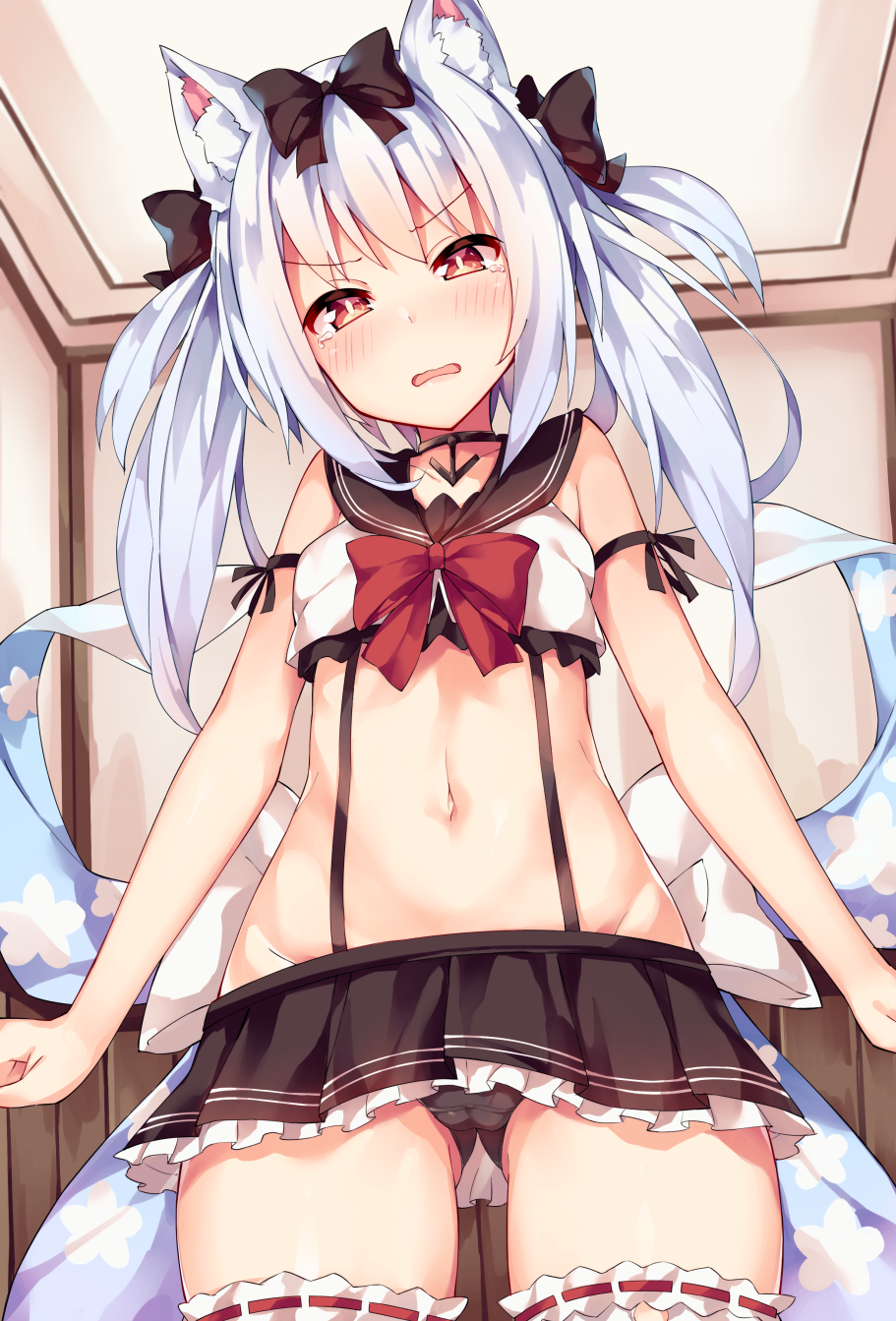 1girl animal_ears azur_lane bangs black_bow black_panties black_sailor_collar black_skirt blush bow breasts cat_ears commentary_request crop_top eyebrows_visible_through_hair frilled_skirt frills gluteal_fold hair_bow highres indoors large_bow long_hair looking_at_viewer miniskirt navel open_mouth orange_eyes panties pleated_skirt red_bow ribbon-trimmed_legwear ribbon_trim sailor_collar silver_hair skirt sleeveless small_breasts solo standing suspender_skirt suspenders tearing_up thigh-highs unacchi_(nyusankin) underwear white_bow white_legwear yukikaze_(azur_lane)