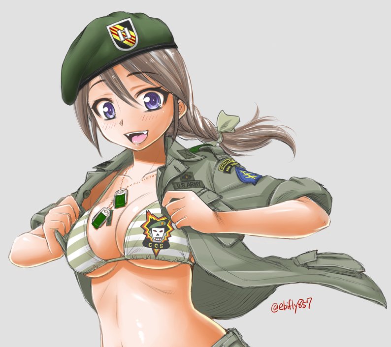 1girl :d beret bra braid breasts brown_hair cleavage commentary_request dog_tags ebifly eyebrows_visible_through_hair green_bra green_jacket grey_background hair_between_eyes hair_ribbon hat jacket large_breasts looking_at_viewer military open_clothes open_jacket open_mouth original ribbon simple_background smile solo striped striped_bra tress_ribbon twitter_username underwear upper_body violet_eyes