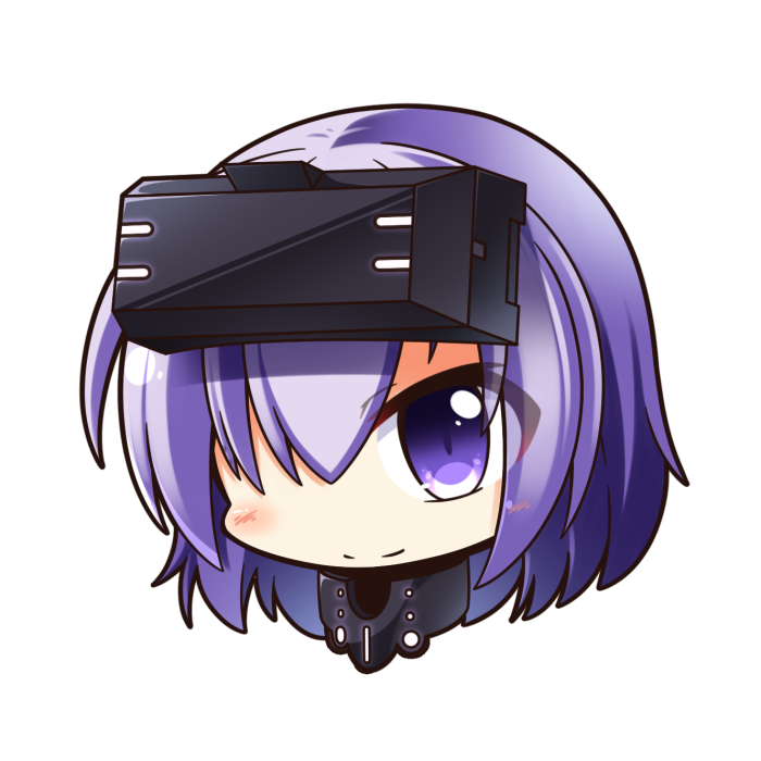 1girl bangs blush closed_mouth eyes_visible_through_hair fate/grand_order fate_(series) hair_over_one_eye head looking_at_viewer mash_kyrielight purple_hair shachoo. short_hair simple_background smile solo violet_eyes vr_visor white_background