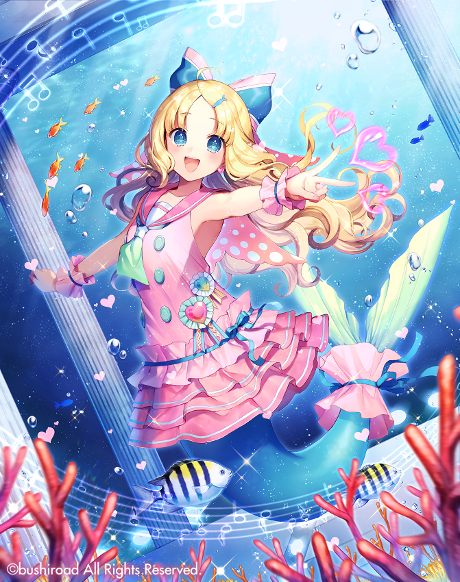 1girl :d animal bangs beamed_quavers blonde_hair blue_eyes blurry blurry_foreground blush bubble cardfight!!_vanguard character_request commentary_request coral crotchet depth_of_field dress dutch_angle eyebrows_visible_through_hair fingernails fish fish_request forehead heart long_hair looking_at_viewer mermaid momoshiki_tsubaki monster_girl musical_note nail_polish official_art open_mouth outstretched_arms parted_bangs pink_dress pink_nails pink_sailor_collar quaver sailor_collar sailor_dress smile solo underwater upper_body very_long_hair water wrist_cuffs