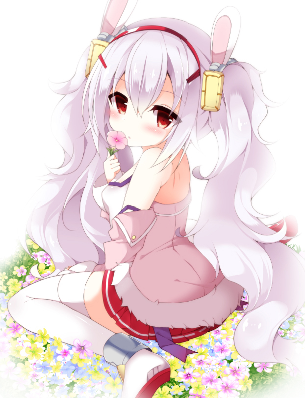 1girl :o animal_ears azur_lane bangs bare_shoulders blush breasts camisole commentary_request eyebrows_visible_through_hair flower fuuna_thise hair_between_eyes hairband jacket laffey_(azur_lane) long_hair long_sleeves looking_at_viewer looking_back off_shoulder parted_lips pink_jacket pleated_skirt purple_flower rabbit_ears red_eyes red_hairband red_skirt shoes silver_hair sitting skirt small_breasts solo thigh-highs twintails very_long_hair wariza white_camisole white_flower white_footwear yellow_flower