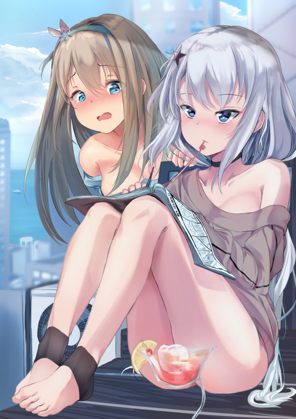 2girls 9a-91_(girls_frontline) alternate_costume ankle_brace bangs blonde_hair blue_eyes blue_sky blush book breasts chair choker cityscape cleavage closed_mouth clouds collarbone cup drinking_straw embarrassed eyebrows_visible_through_hair eyes_visible_through_hair fan food fruit girls_frontline hair_between_eyes hair_ornament hairband highres holding holding_book holding_pen ice ice_cube lemon lemon_slice long_hair looking_afar looking_at_book looking_at_viewer medium_breasts multiple_girls off_shoulder open_mouth pen septet_(zrca_janne) sidelocks silver_hair sitting sitting_on_object sky snowflake_hair_ornament star star_hair_ornament suomi_kp31_(girls_frontline) sweater tareme tearing_up thighs very_long_hair