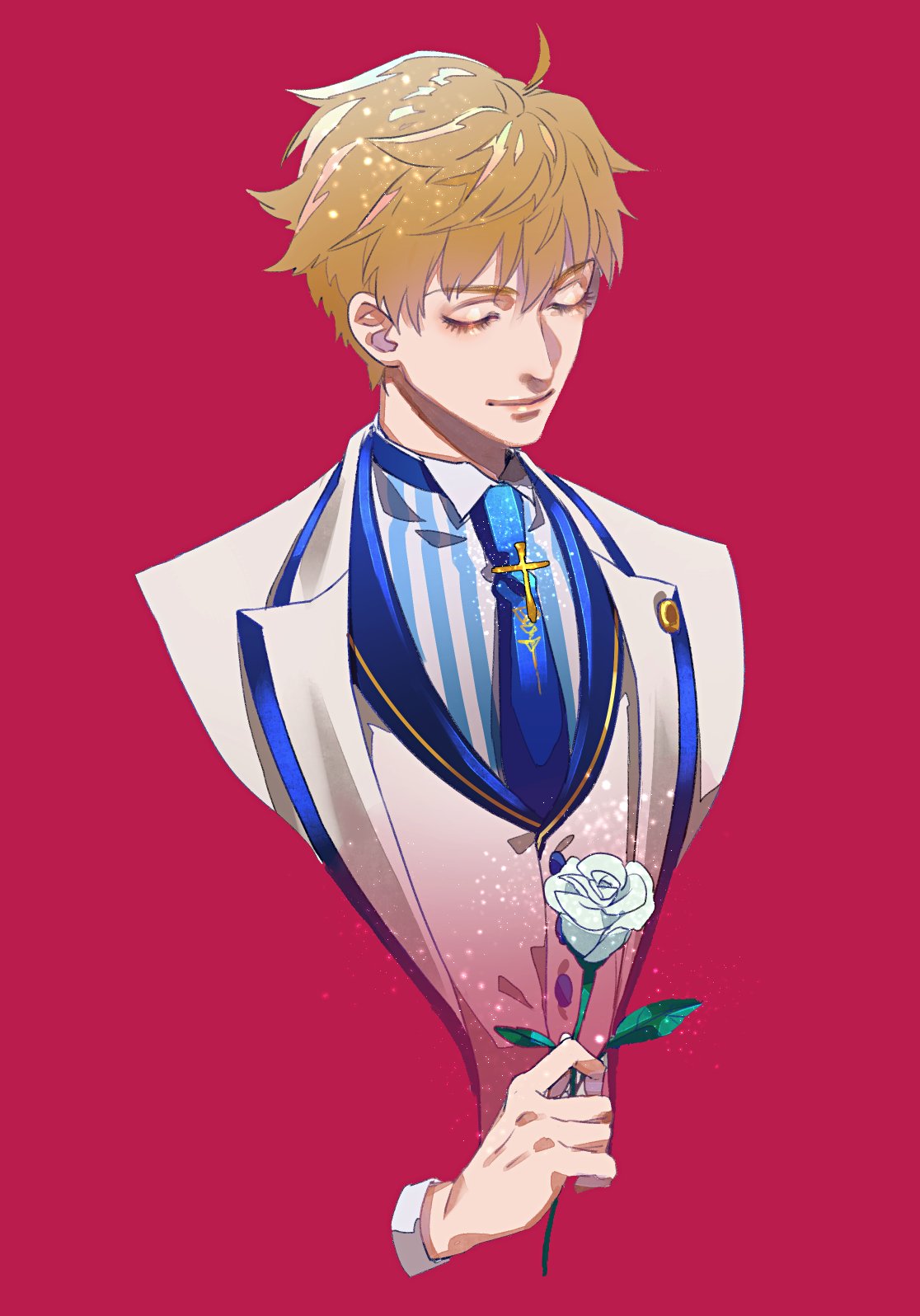 1boy ahoge blonde_hair blue_flower blue_neckwear blue_rose closed_eyes closed_mouth commentary_request cross fate/prototype fate_(series) flower highres holding holding_flower jacket light_smile necktie portrait red_background rose saber_(fate/prototype) shirt simple_background solo striped striped_shirt tenobe upper_body white_jacket