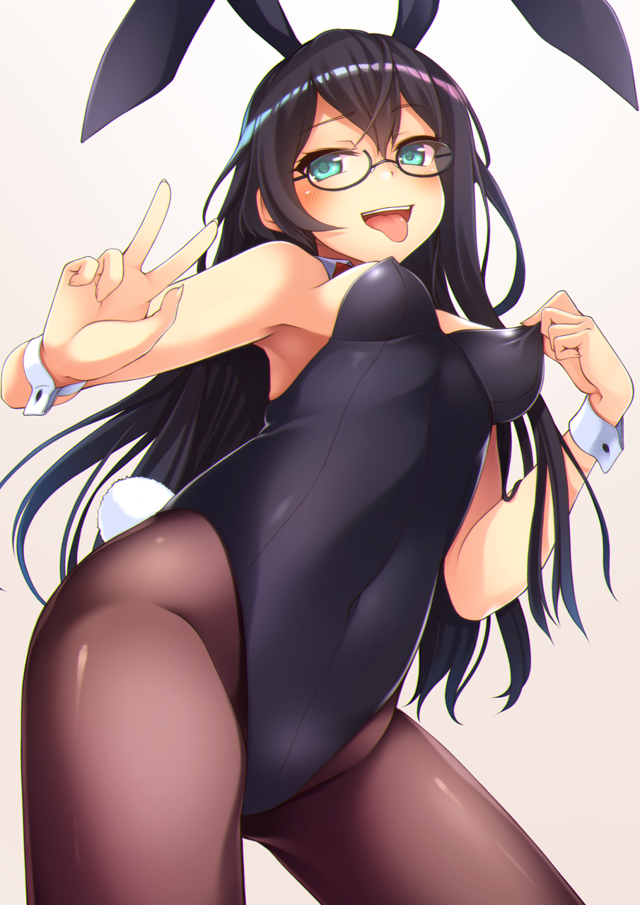 1girl alternate_costume animal_ears armpits bangs bare_shoulders black-framed_eyewear black_hair blue_eyes blush bow bowtie breasts bunny_girl bunny_tail bunnysuit cleavage detached_collar erect_nipples eyebrows_visible_through_hair from_below glasses groin hairband highres kantai_collection leotard leotard_pull long_hair looking_at_viewer medium_breasts mofu_namako ooyodo_(kantai_collection) open_mouth pantyhose rabbit_ears ribbon semi-rimless_eyewear sidelocks smile solo tail thighs tongue tongue_out w wrist_cuffs