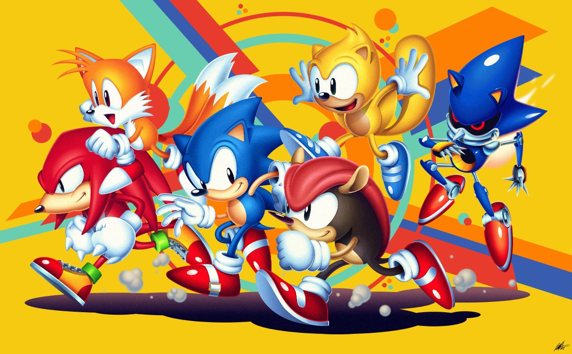 5boys armadillo blue_footwear echidna_(animal) flying flying_squirrel fox hedgehog knuckles_the_echidna metal_sonic mighty_the_armadillo multiple_boys no_humans official_style ray_the_flying_squirrel red_footwear robot running shoes simple_background smile sonic sonic_mania sonic_the_hedgehog squirrel tails_(sonic) tyler_mcgrath walking yellow_background