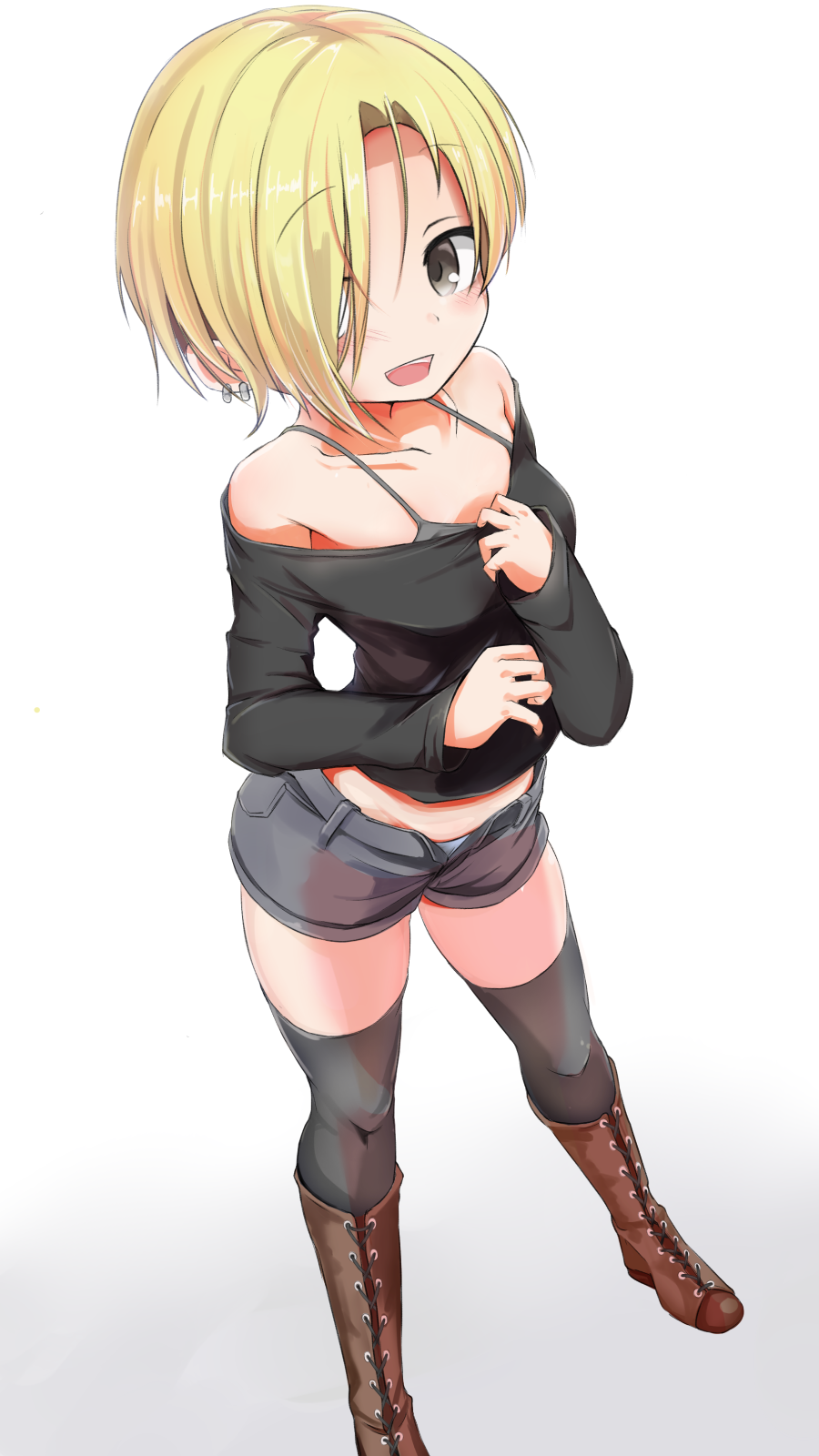 1girl alternate_eye_color bare_shoulders black_shirt blonde_hair blush boots camisole collarbone commentary cross-laced_footwear ear_piercing eyebrows_visible_through_hair full_body grey_eyes hair_over_one_eye highres idolmaster idolmaster_cinderella_girls knee_boots long_sleeves looking_at_viewer marumaru off-shoulder_shirt open_mouth piercing shirasaka_koume shirt short_hair short_shorts shorts simple_background smile solo thigh-highs