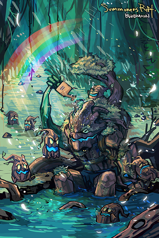 artist_name flower glowing glowing_eyes grass leaf league_of_legends maokai moonblue musical_note no_humans open_mouth rainbow sitting solo tree water