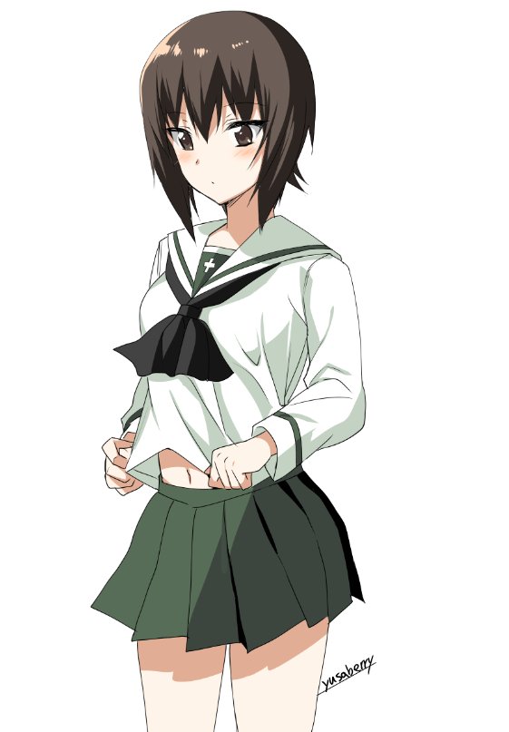 1girl alternate_costume artist_name bad_id bad_twitter_id bangs black_neckwear blouse brown_eyes brown_hair closed_mouth cowboy_shot girls_und_panzer green_skirt light_frown long_sleeves looking_down miniskirt navel neckerchief nishizumi_maho ooarai_school_uniform pleated_skirt saikawa_yusa school_uniform serafuku shirt_tug short_hair signature simple_background skirt solo standing white_background white_blouse