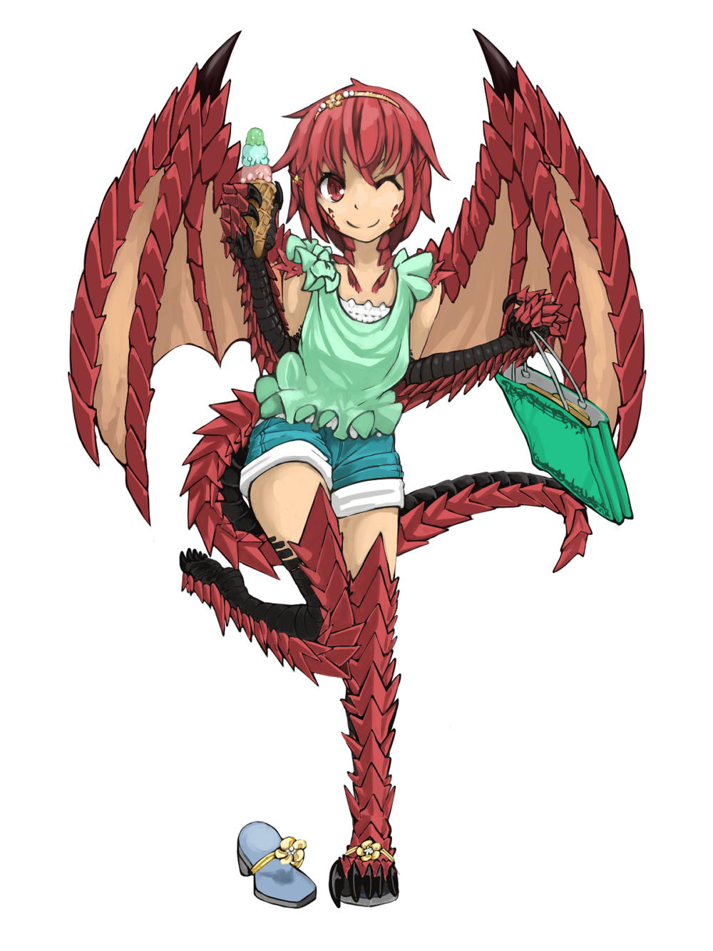 1girl bag dragon_girl dragon_tail dragon_wings food hairband highres hitokuirou holding holding_bag holding_food ice_cream monster_girl one_eye_closed original red_eyes redhead sandals scales short_hair short_shorts shorts simple_background solo solo_vivace_(hitokuirou) standing standing_on_one_leg tail wings
