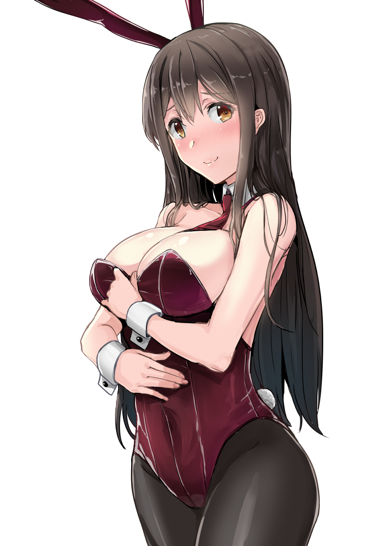 1girl akagi_(kantai_collection) animal_ears between_breasts blush breasts brown_eyes brown_hair bunny_tail bunnysuit cleavage collarbone covered_navel cowboy_shot detached_collar embarrassed fake_animal_ears fake_tail gin'ichi_(akacia) kantai_collection large_breasts leotard long_hair looking_at_viewer necktie necktie_between_breasts pantyhose rabbit_ears red_leotard simple_background solo straight_hair tail white_background wrist_cuffs