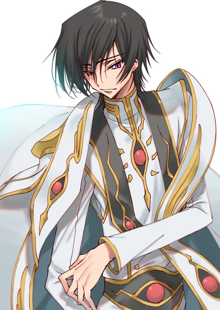 1boy black_hair cape code_geass creayus eyebrows_visible_through_hair lelouch_lamperouge long_sleeves looking_at_viewer male_focus robe simple_background solo upper_body violet_eyes white_background white_cape
