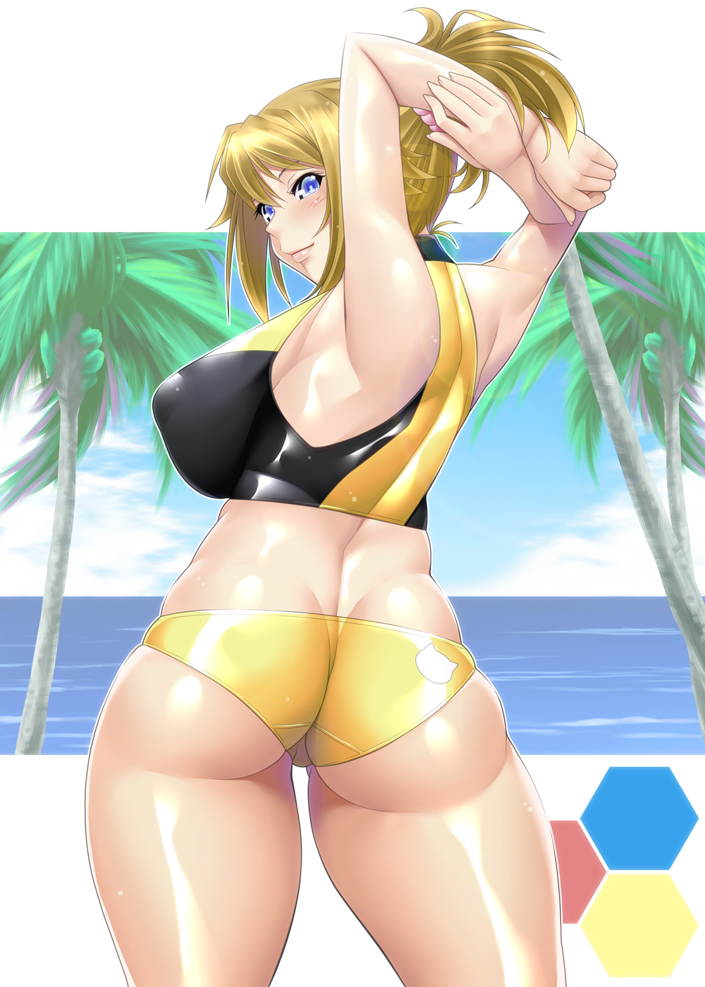 1girl arms_up ass ayato back bikini blue_eyes blush breasts brown_hair closed_mouth commentary_request cowboy_shot erect_nipples from_behind gundam gundam_build_fighters gundam_build_fighters_try highres hoshino_fumina large_breasts legs_apart lips long_hair looking_at_viewer looking_back ocean palm_tree ponytail scrunchie shiny shiny_clothes shiny_hair shiny_skin smile solo standing swimsuit tree water yellow_bikini