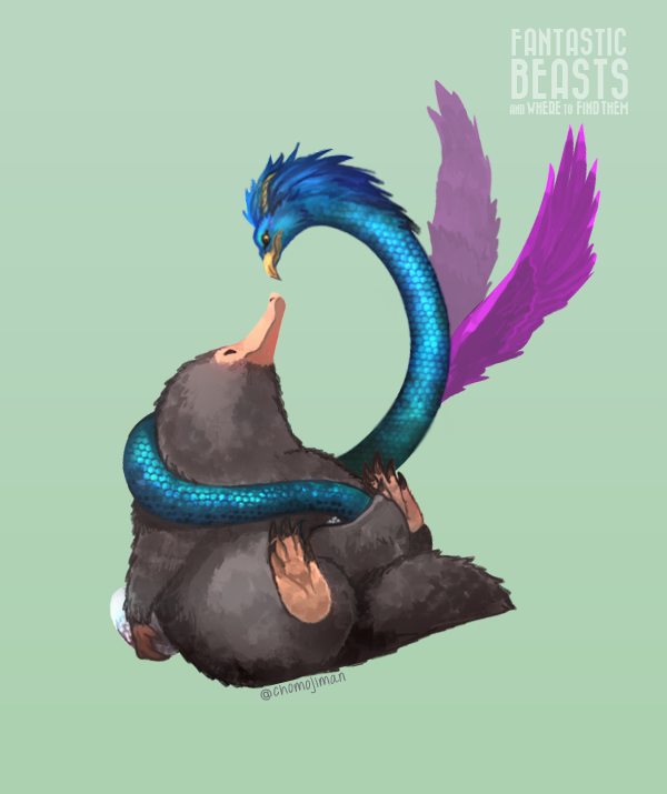artist_name copyright_name fantastic_beasts_and_where_to_find_them feathered_wings fur_trim green_background jippei niffler no_humans occamy simple_background wings