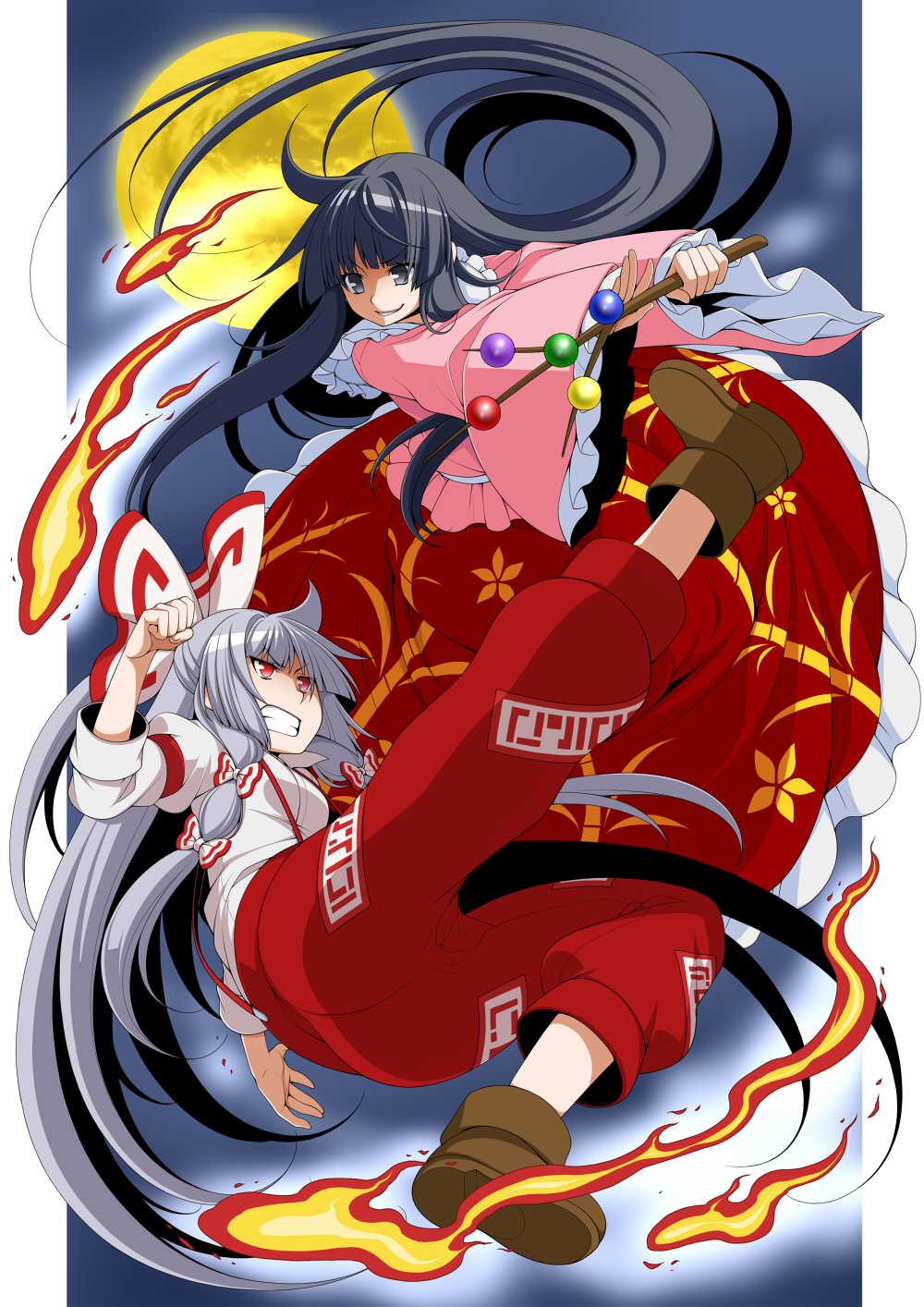 2girls black_hair branch brown_footwear clenched_hand clenched_teeth eichi_yuu fire fujiwara_no_mokou full_moon grey_eyes grey_hair grin highres holding houraisan_kaguya jeweled_branch_of_hourai long_hair long_skirt long_sleeves looking_at_another moon multiple_girls ofuda pants ponytail skirt smile suspenders teeth touhou very_long_hair wide_sleeves